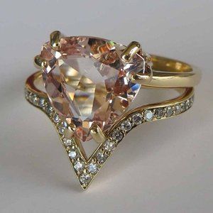 Peach Trillion Morganite In 14K Yellow Gold Ring 2.94ct And V diamond Ring Set